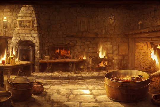  illustration of a medieval tavern inn bar with large open fireplace and cooking pot on the fire