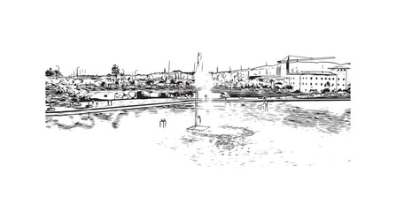 Fototapeta premium Building view with landmark of Palma is the city in Spain. Hand drawn sketch illustration in vector.