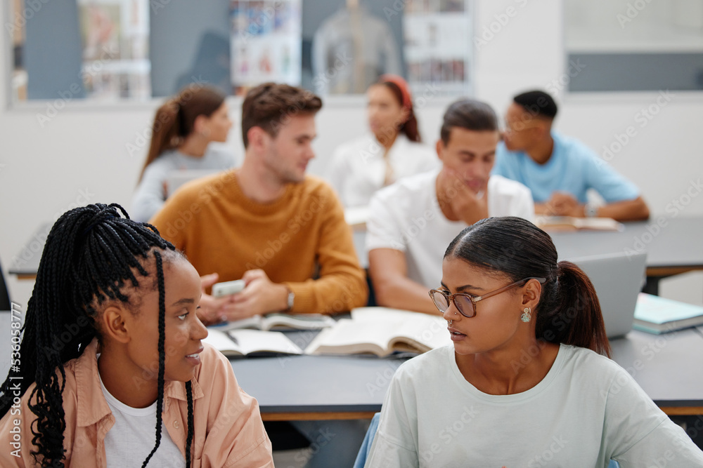 Aufkleber students, classroom and college for learning, education and development. women, university and frien
