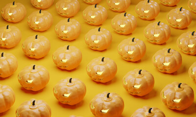 Jack-o-lantern pumpkins in orange background, rendered 3d model. Halloween theme, digital illustration, holiday symbols