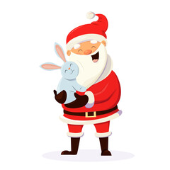 Cartoon Santa with a rabbit in his arms, Christmas illustration, postcard