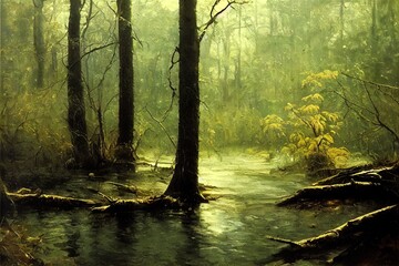 Forest water. Water in woods. Forest landscape