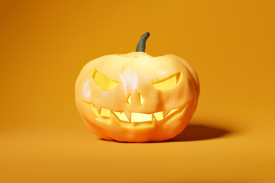 Jack-o-lantern pumpkin in orange background, rendered 3d model. Halloween and festive autumn themes and symbols