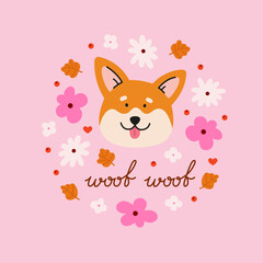 Obraz na płótnie Canvas Cute welsh corgi dog head with flower buds, leaves, and lettering. Hand-drawn dog in a contemporary flat style. Cartoon animal, pet, purebred dog. 