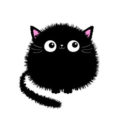 Cute black round fluffy cat icon. Face head body, tail. Kitten fat. Cartoon character. Kawaii baby pet animal. Notebook cover, tshirt, greeting card print. Flat design. White background.
