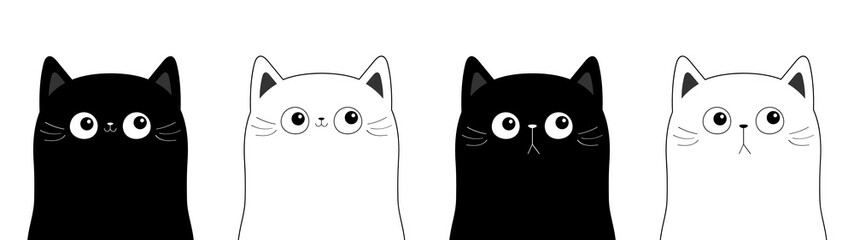 Black white cat face head line contour silhouette icon set. Funny kawaii smiling sad doodle animal. Cute cartoon character. Pet collection. Flat design. Baby background.