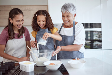 Cooking, girl or women bond helping with milk in dessert, breakfast food or sweet recipe in house...