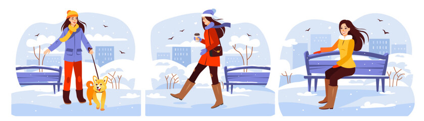 Fototapeta na wymiar Winter Park. A set of young girls walking in the park in winter. The girl drinks coffee, walks the dog, sitting on a bench. Cartoon vector illustration
