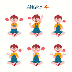 Set of kid boys showing angry expression.Vector illustration.