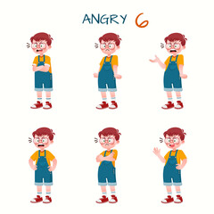 Set of kid boys showing angry expression.Vector illustration.