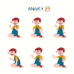 Set of kid boys showing angry expression.Vector illustration.
