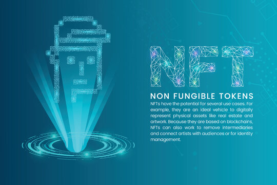 NFT non-fungible tokens web banner concept with node connected NFT monkey cartoon and RFB futuristic light