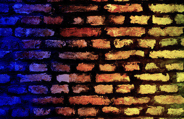 Toned blue red yellow old brick wall, brickwork backgrounds.