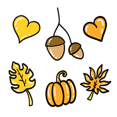 Hand Drawn Vector Creative Autumn Design Elements Isolated on White Background Autumn Dry Leaves, pumpkins acorns Can be used in website or for prints Doodle style autumn cool stickers or doodle icons