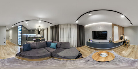 full seamless hdri 360 panorama in interior of guest living room hall with kitchen in studio...