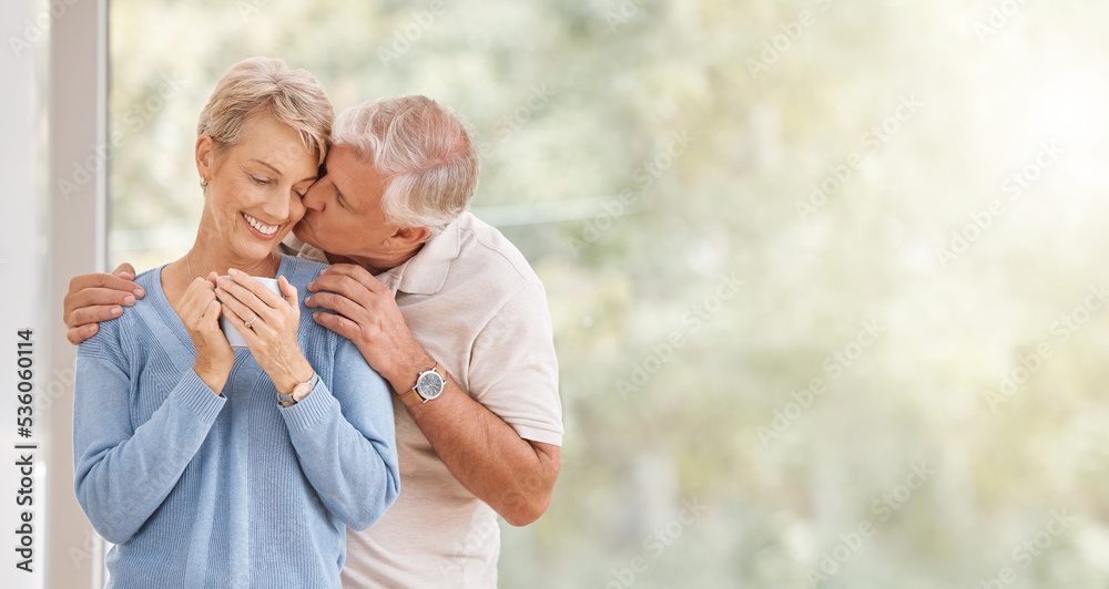 Sticker Coffee morning, kiss and senior couple with smile during breakfast in retirement house at window with mockup space. Elderly man and woman with love and hug during holiday in Portugal and drink of tea