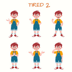 Set of kid boys showing tired expression.Vector illustration.