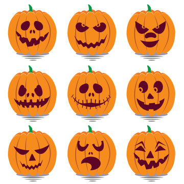 Set of vector jack o lantern pumpkins Halloween faces