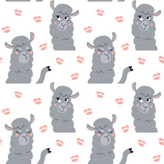 Vector seamless pattern with heads of funny lamas. Cute cartoon alpaca  blowing kisses. Animal wallpaper.