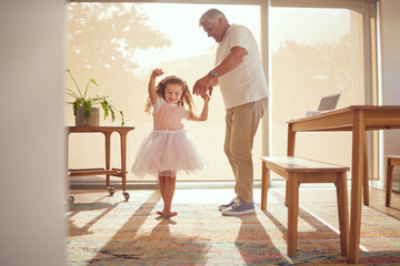 Family, young girl and grandfather dancing in living room together. Grandparent and grandchild in family home doing dance and having fun in the morning. Old man enjoying retirement with child at home - obrazy, fototapety, plakaty