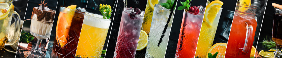 Banner of alcoholic colored cocktails. Photo collage. On a black background.