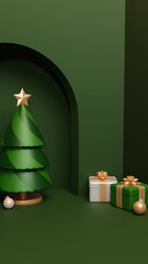 Christmas scene with pine tree, gift box and ornament.