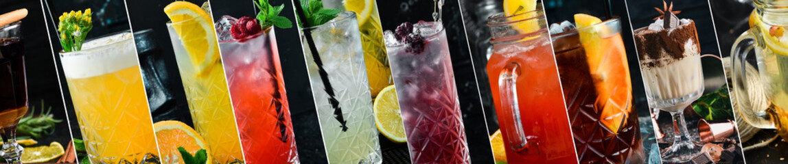 Photo collage. A set of alcoholic cocktails in glasses. Photo for bar menu. On a black background.