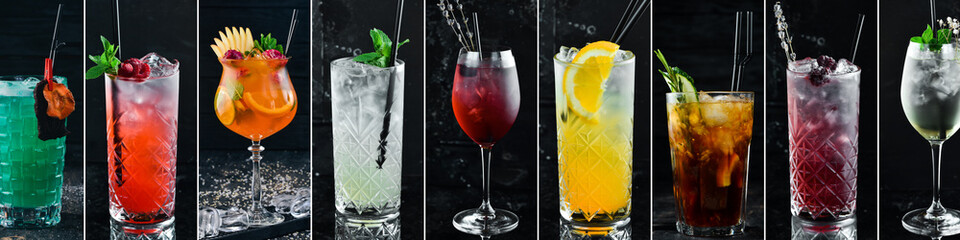 A set of colored alcoholic cocktails. Photo collage from pictures of cocktails. On a black...