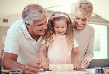 Learning, family and girl baking with grandparents in a kitchen, bonding while prepare cookies together. Teaching, learn and child development by senior man and woman showing child how to bake snack