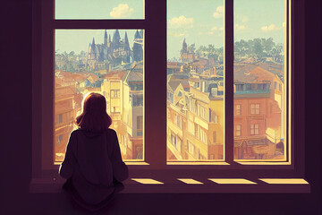 girl watching out the window and thinking about life, city illustration