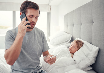 Father phone call doctor for sick child, virus and fever in Australia house bedroom. Worried man...