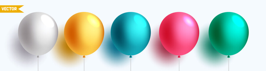 Balloon set isolated on white background. Vector realistic white, yellow, blue, re, green colorful and  helium balloons template for birthday party