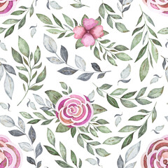 Beautiful seamless pattern with pink flowers and foliage for Valentine's Day. Watercolor digital background for holiday greetings, Birthday cards