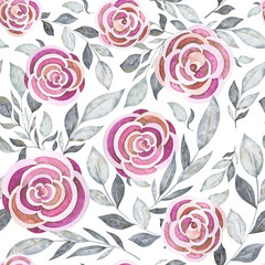 Delicate seamless pattern with greenery and cute flowers for Valentine's Day. Watercolor repeatable background for holiday greetings, Birthday cards