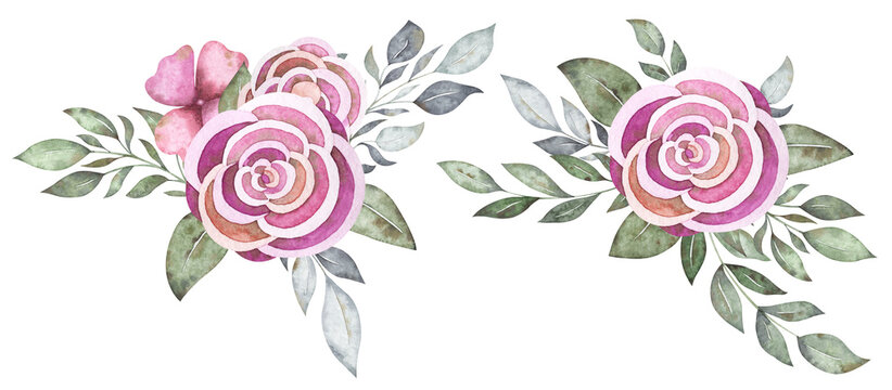 Watercolor set with cute bouquets for Valentine's Day. Tender digital arrangements for Birthday card, invitation