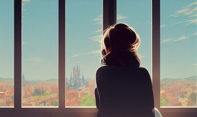 woman thinking about life and watching out the window, daydreaming