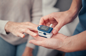 Hands, patient and finger pulse with nurse to monitor oxygen, rate and health at home. Closeup hand...