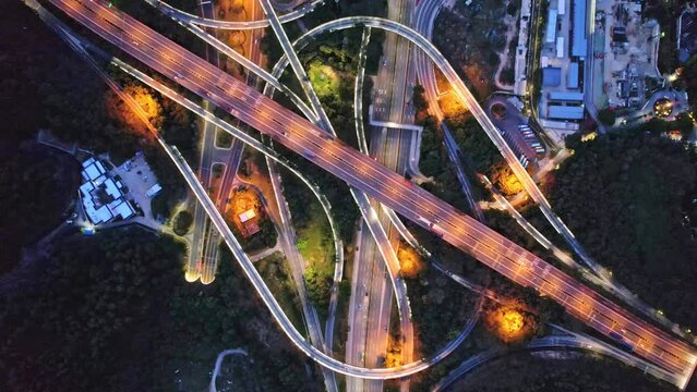 aerial view of city road  intersection at night