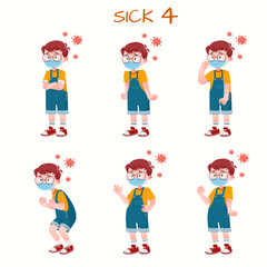 Set of kid boys showing sick expression.Vector illustration.