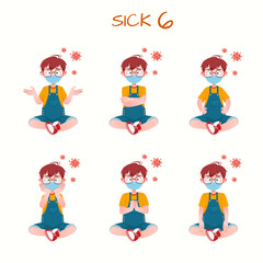 Set of kid boys showing sick expression.Vector illustration.