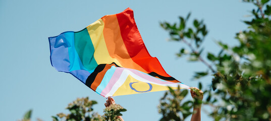 person showing a progress pride flag, web banner - obrazy, fototapety, plakaty