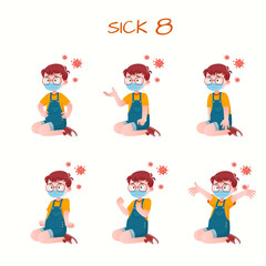 Set of kid boys showing sick expression.Vector illustration.
