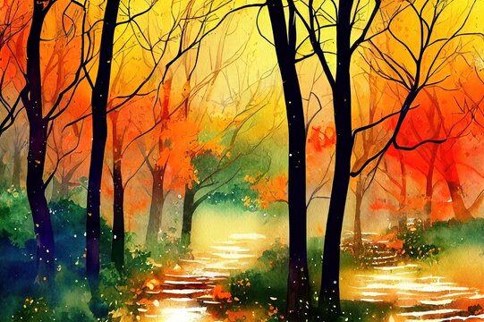 Cute autumn forest Watercolor forest Forest watercolor illustration Bright autumn poster