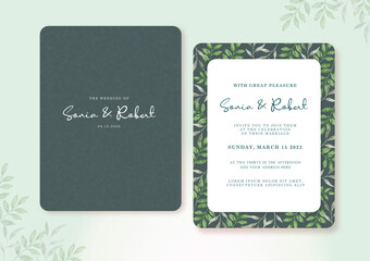 Wedding card set template with beautiful green leaves watercolor