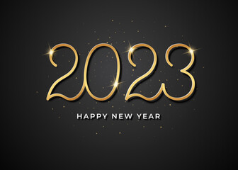 2023 Happy New Year. Golden letters handwritten. On a dark background with golden stars.