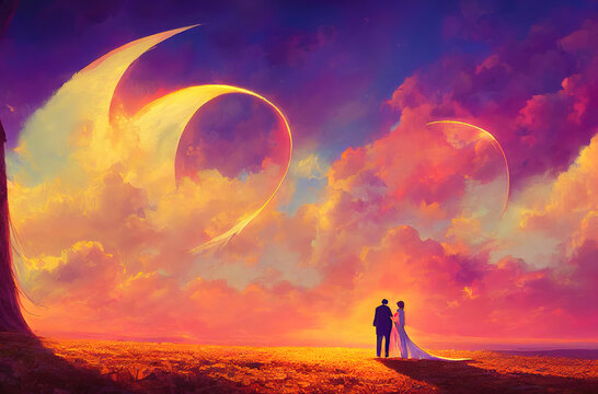 abstract marriage illustration, groom and bride at a landscape with colorful sky