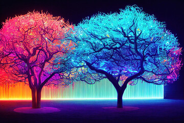 two big tree made of neon lights, red and blue