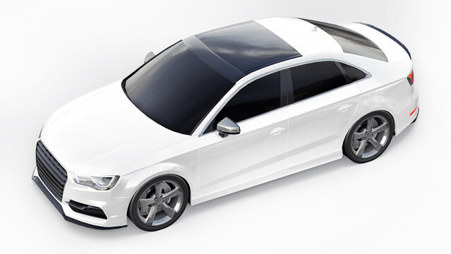 Berlin. Germany. February 2, 2021. Audi S3. ultra sports tuned sedan on a white isolated background. 3d illustration.