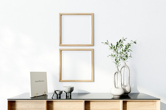 Poster arts mockup with wooden frames on white wall, green plant. decor, 3d rendering, illustration