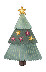 Digital illustration of a Christmas tree. Stylized decorative symbol of Christmas. Hand-drawn clipart in a watercolor style. Christmas tree of three tiers decorated with stars and thin gold threads